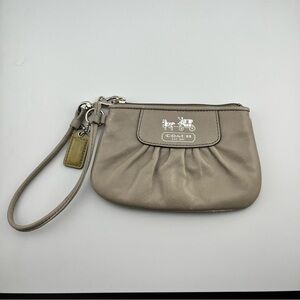 Coach Gray Wristlet Clutch Pleated Leather Signature Style Silver Tone Metal